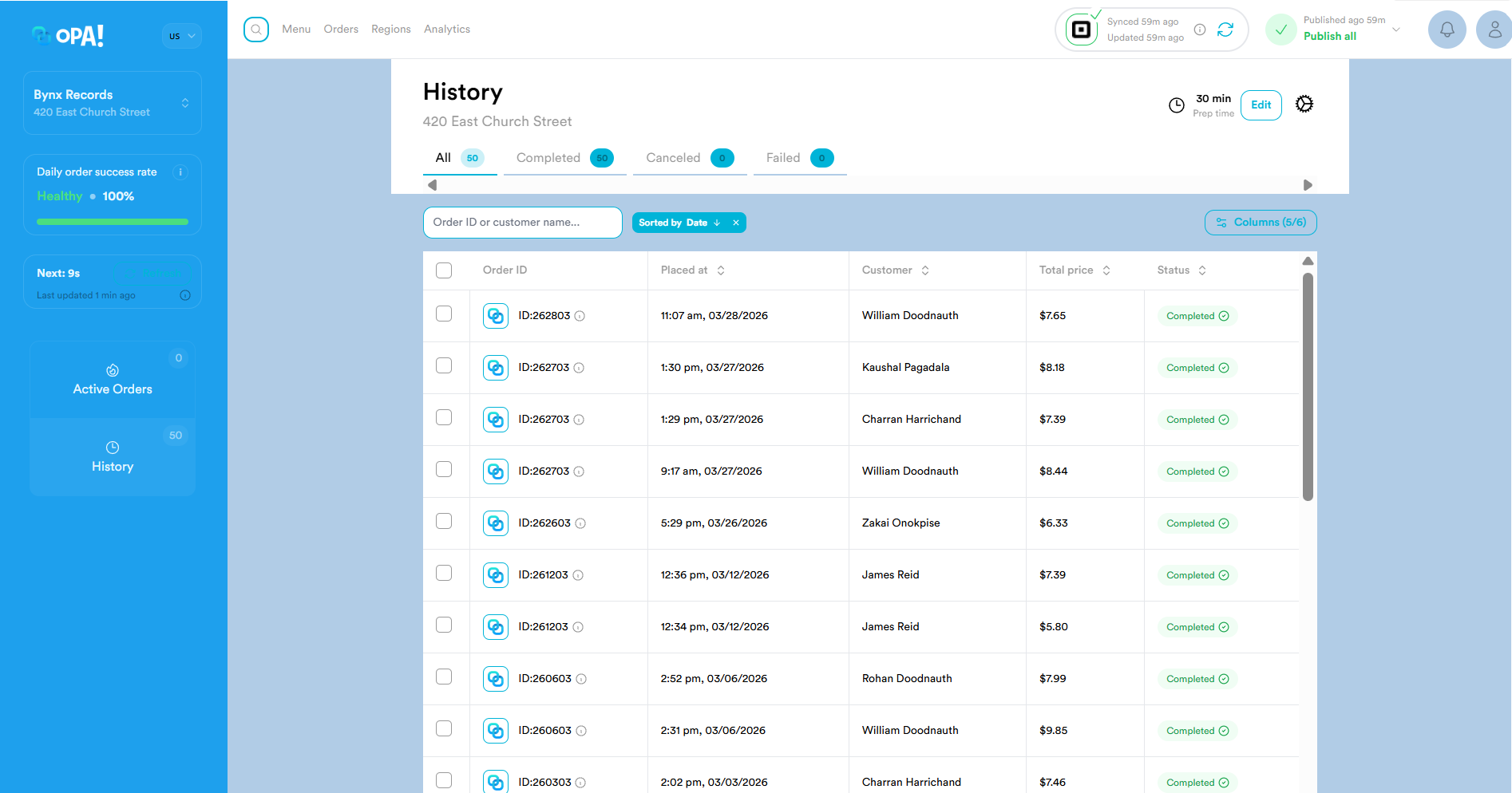 OPA! order management dashboard
