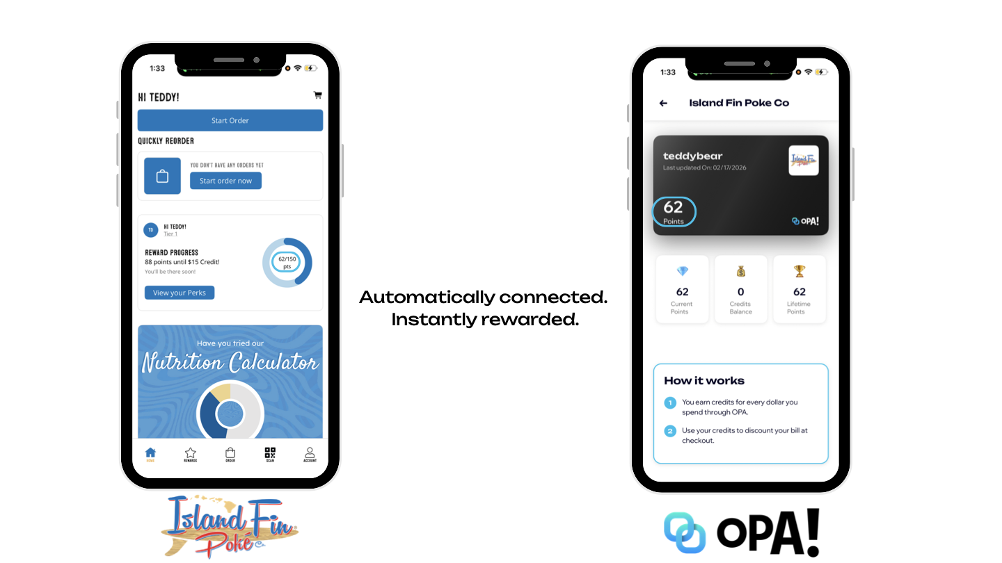 Island Fin Poké Co. loyalty integration — brand's native app shows 62/150 reward points while OPA! marketplace shows the same 62 points synced in real time