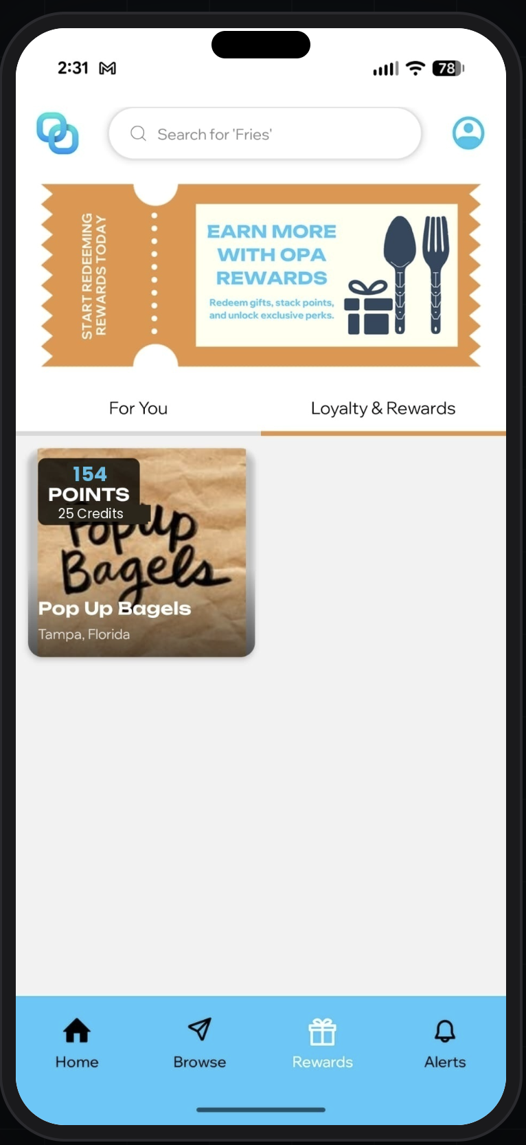 OPA! Loyalty & Rewards tab — native loyalty points from Pop Up Bagels synced directly into the OPA! marketplace