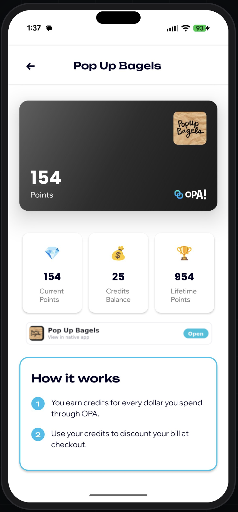 OPA! loyalty wallet — a customer's Pop Up Bagels card showing 154 points, a 25-credit balance, and 954 lifetime points