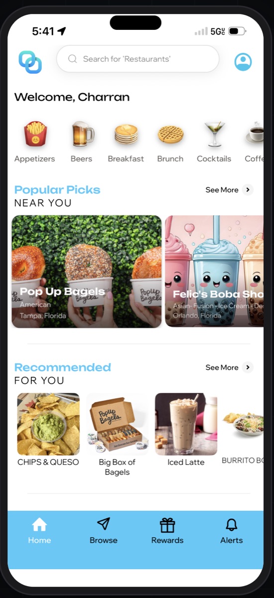 OPA! marketplace app — a customer browses Popular Picks and Recommended restaurants near them, ordering commission-free