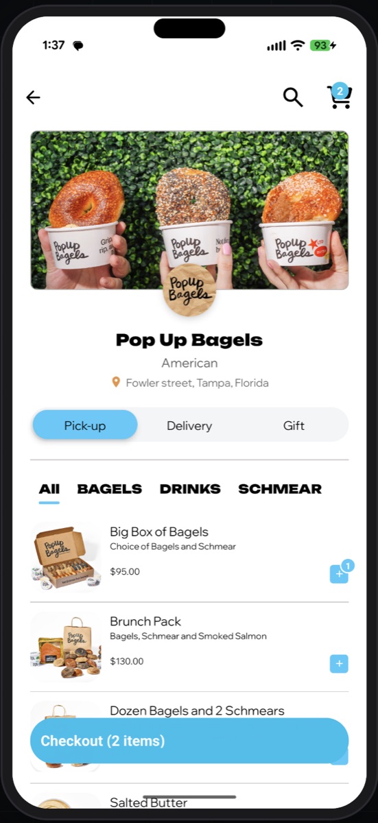 OPA! mobile pickup — a customer orders from Pop Up Bagels with the Pick-up option selected, ready to check out in a few taps