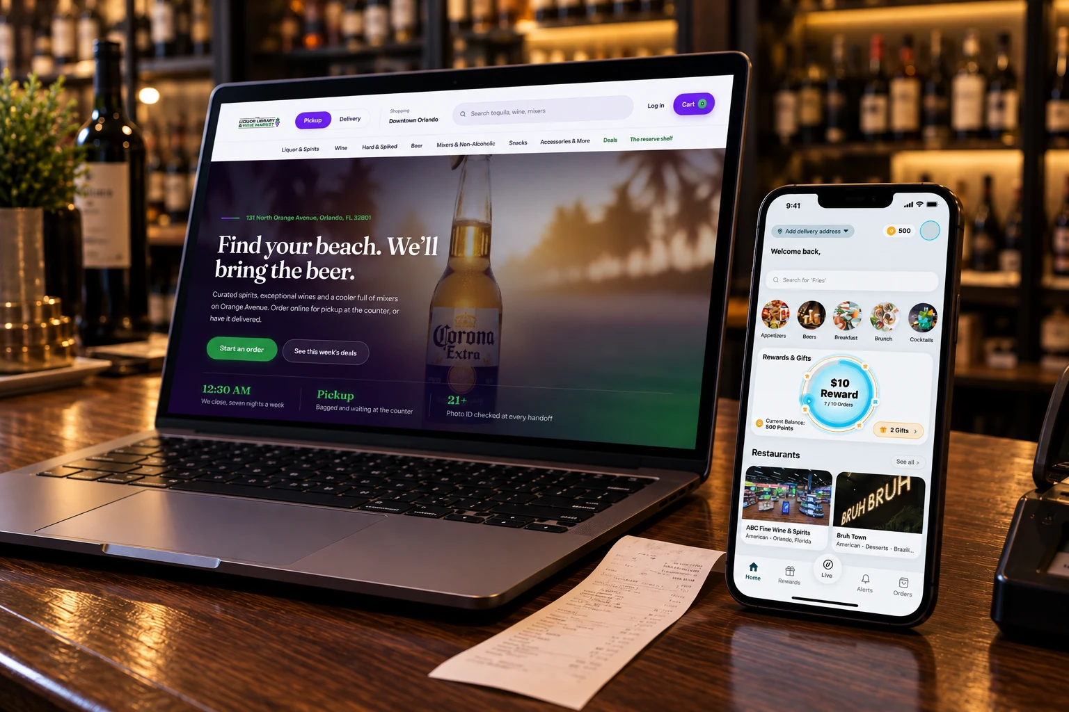 A liquor store's own OPA ordering site on a laptop and the OPA Marketplace app on a phone, on the store counter