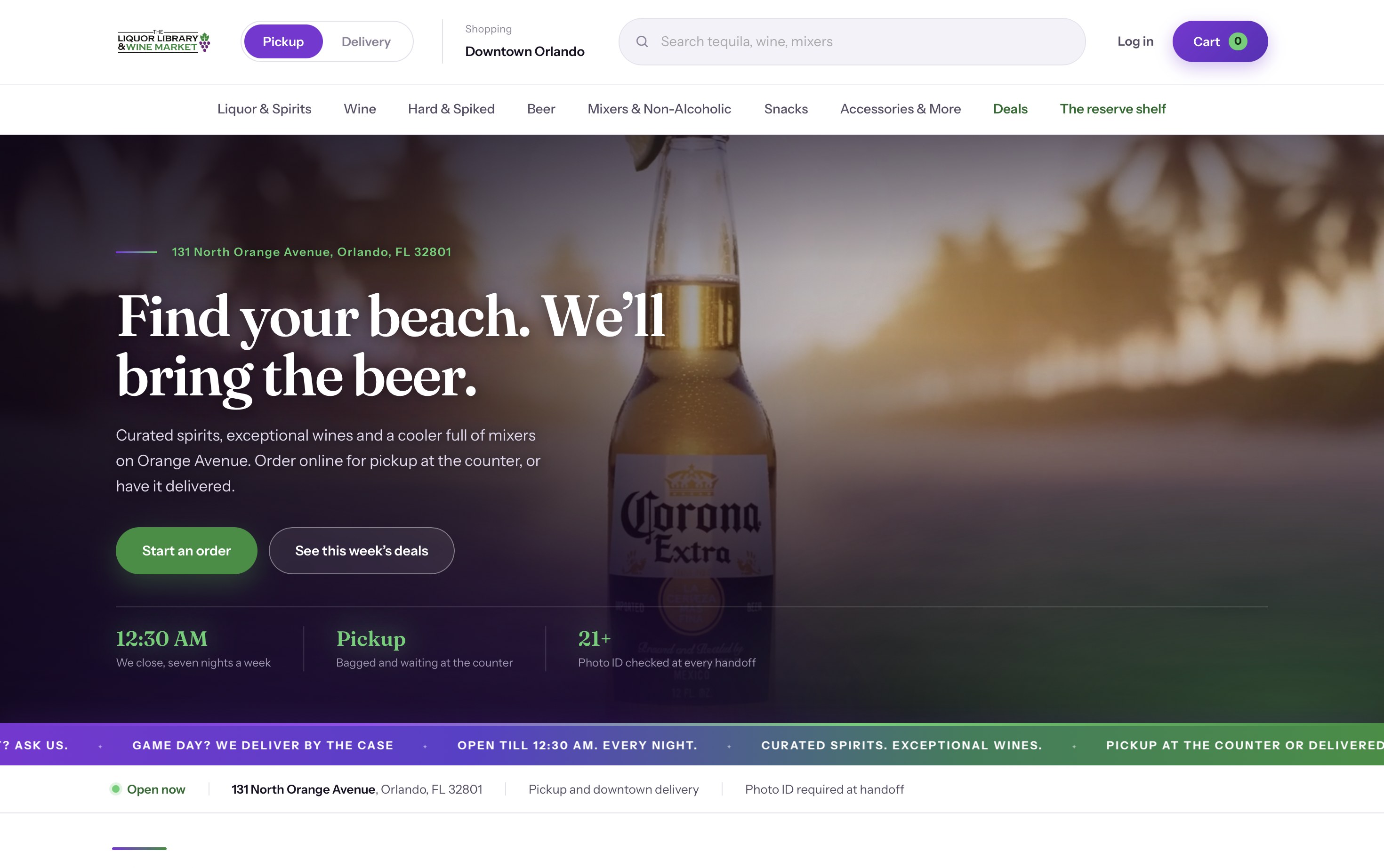 A liquor store's own ordering site on OPA: pickup or delivery, hours, and photo ID checked at every handoff