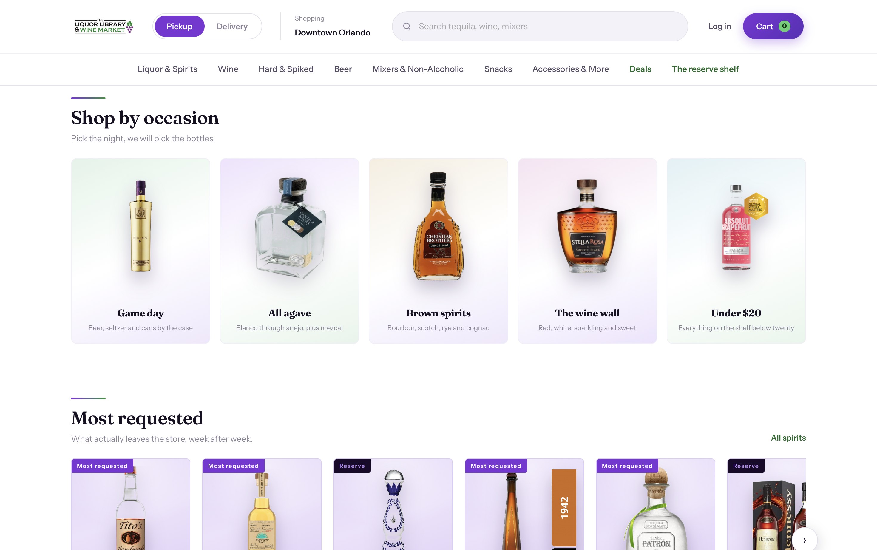 The same liquor store's site with shop-by-occasion collections and most requested bottles