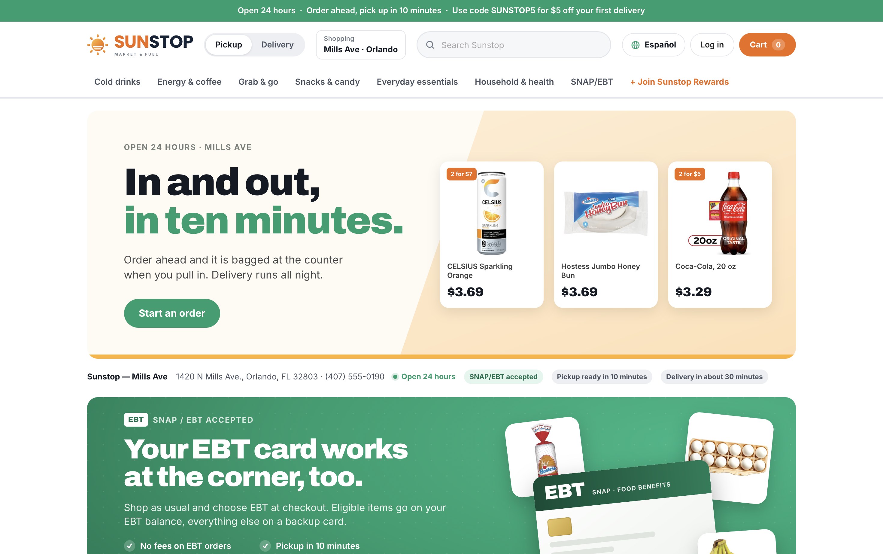 A convenience store's own ordering site on OPA: open 24 hours, 10-minute pickup, deals and SNAP/EBT accepted