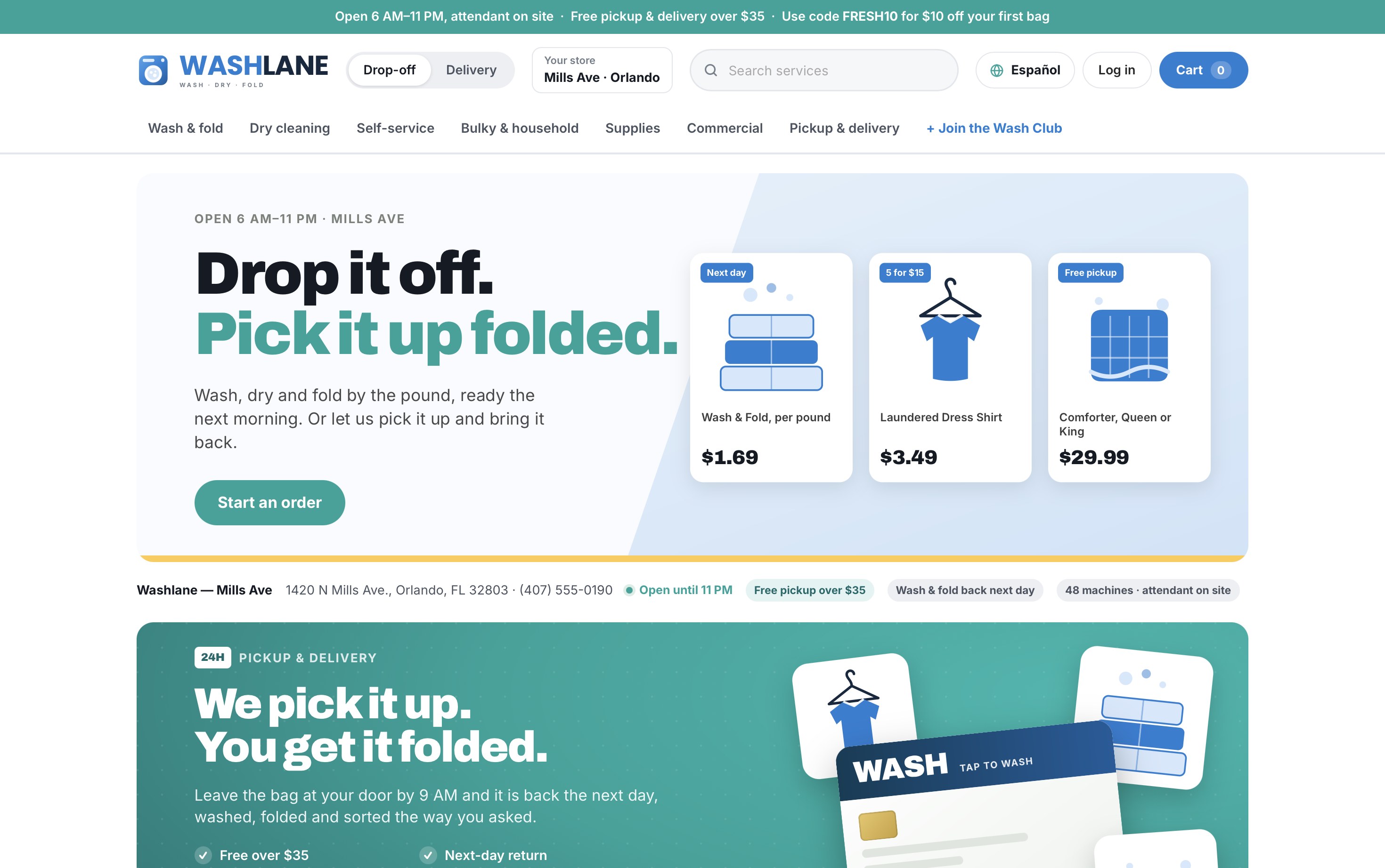 A laundromat's own ordering site on OPA: wash and fold by the pound, drop-off or delivery, and free pickup over $35