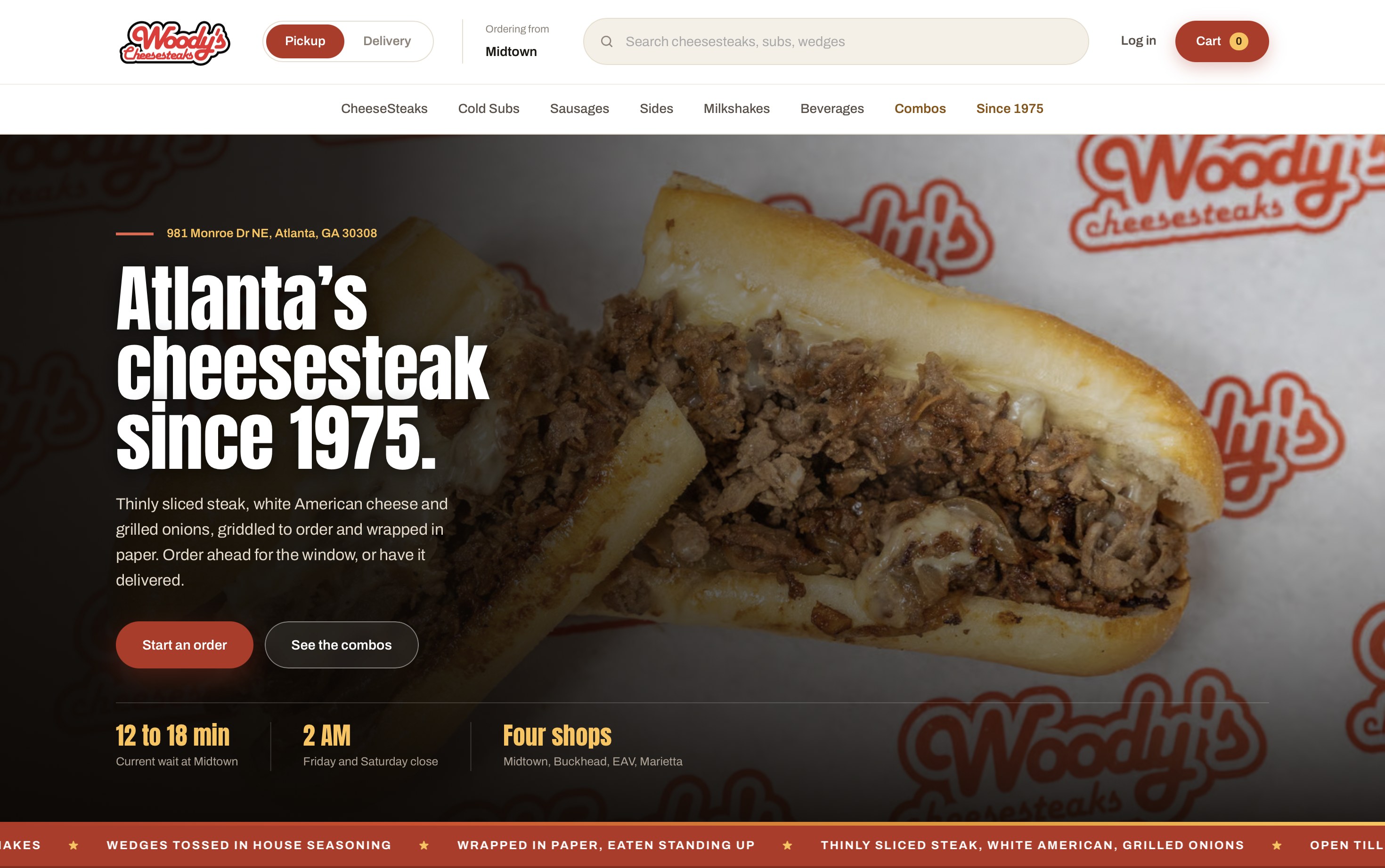 A restaurant's own ordering site on OPA: pickup or delivery, current wait time and combos at menu prices